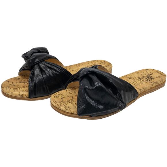ninety union Shoes - Ninety Union Black Metallic Thailand Bow Accent Cork Slide Sandals 10 Women's